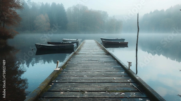 Fototapeta A weathered wooden dock stretching out into a tranquil lake