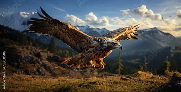 Fototapeta eagle in flight, Majestic Hawk in Flight Freeze a moment in time as a hawk soars gracefully through the air, its wings spread wide as it rides the thermals high above the rugged mountains super 