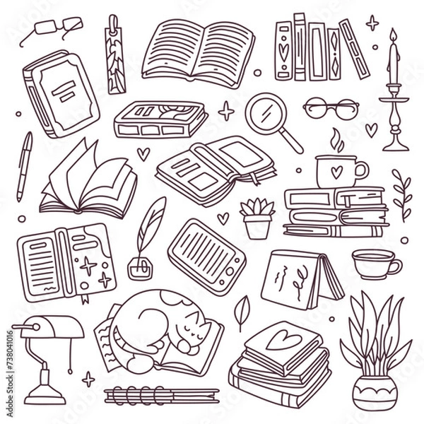 Obraz Hand drawn library doodle set. Reading and writing concept. Black color sketch, coloring book. Line art style books, notebooks and pads . Vector illustration, isolated pattern