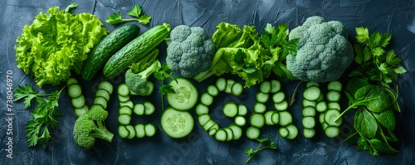 Fototapeta Fresh assorted vegetables artistically arranged around VEGAN word made from cut cucumbers on a dark background, promoting healthy plant-based diet