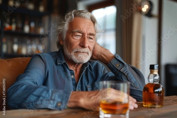 Fototapeta A dignified gentleman enjoying a moment of solitude with whiskey in an inviting and cozy bar setting