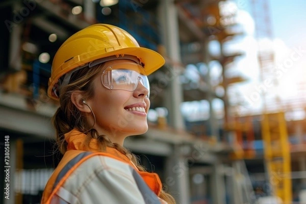 Fototapeta A female construction worker gazes thoughtfully at a bustling construction site, embodying progress and development