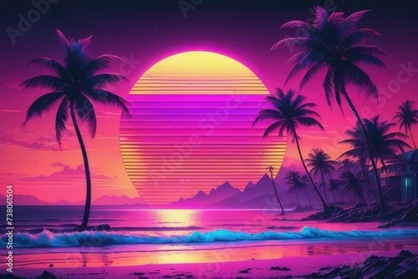Fototapeta Synthwave disco aesthetic style on the beach