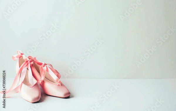 Fototapeta Pointe ballet shoes with ribbons over white background and empty space for text.