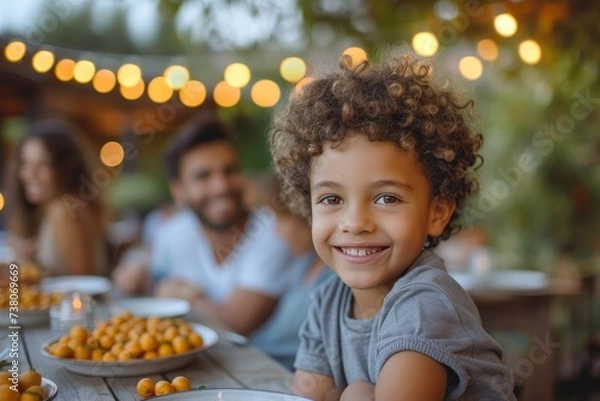 Fototapeta A young boy with curly hair smiles at a family event with bokeh lights in the background