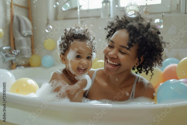 Obraz Afro-American mother bathing together with baby toddler. Cosy bathroom with natural light, mom and child playing with foam, happy and playful atmosphere. Hygiene for children, childcare. Daily routine