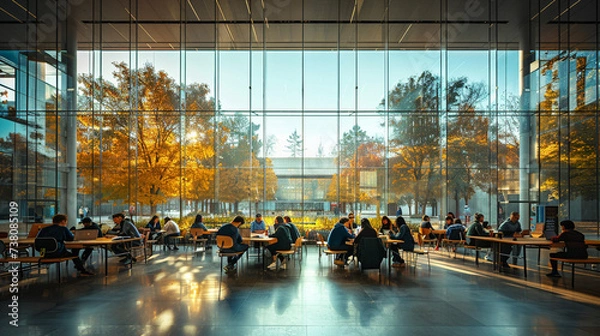 Fototapeta Students Socializing in Outdoor University Courtyard. University students engaging in conversation at outdoor tables in a sunlit courtyard surrounded by modern architecture.