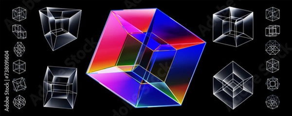 Obraz Tesseract shape. Hypercube wireframe icon, 3D render of 4D cube