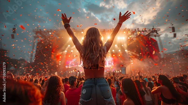 Fototapeta Dancing girl with raised hands at a music festival. Live, rock concert, party, festival night club crowd cheering, stage lights. music concert performance in a huge young crowd stadium