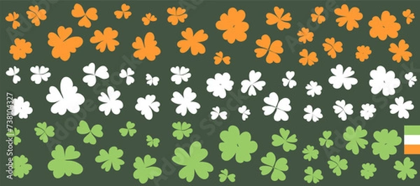 Fototapeta St. Patrick's Day poster with clover leaves. Background for website, banner, party poster. Irish flag, pattern, symbol, 3 colors, green background