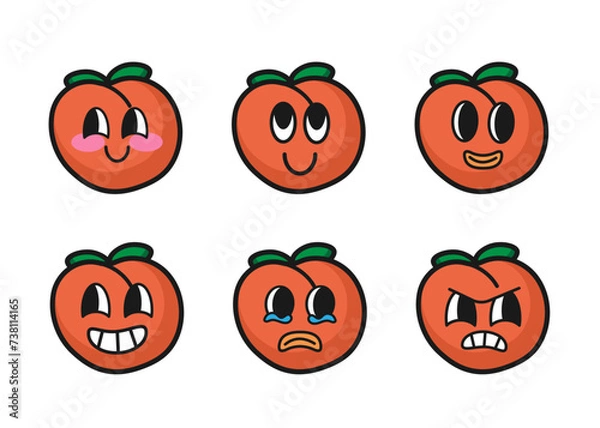 Fototapeta Set of peach cartoon with many expressions. Retro design vector illustration of peach on white background. Mascot faces