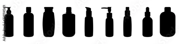 Fototapeta Set of liquid bottles with a dispenser vector. bottles for body care vector. Cosmetic containers for personal hygiene in linear style vector. Self care vector.