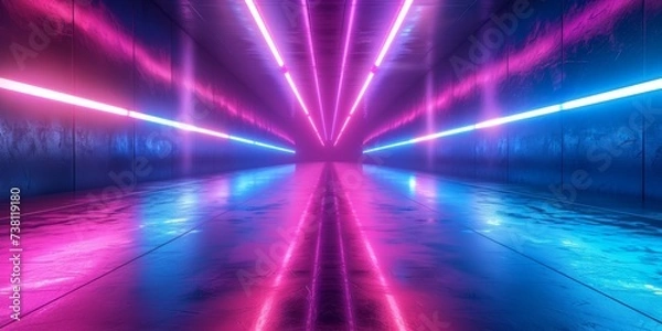 Fototapeta Sci Fi Futuristic Smoke Fog Neon Laser Garage Room,blue pink violet neon abstract background,ultraviolet light,night club Cyber Undergound Warehouse Concrete Reflective Studio,3D Render illustration
