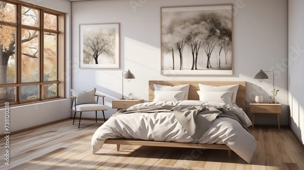 Obraz White Bed with Light Gray Bedding
