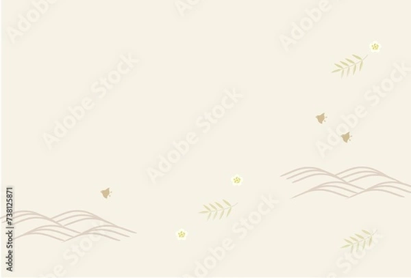 Fototapeta 波千鳥　白梅　背景　ハガキ素材