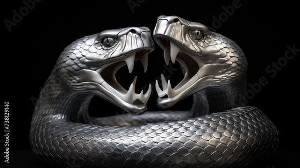 Obraz a 3d render of a silver render of two cobra's intertwined sticking their tongue outs, on a black background created with Generative AI