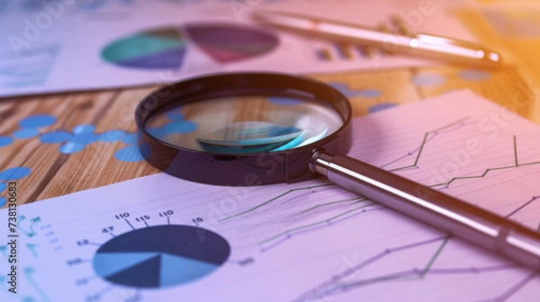 Fototapeta magnifying glass over various types of colorful business charts and graphs on paper, suggesting data analysis or financial examination.