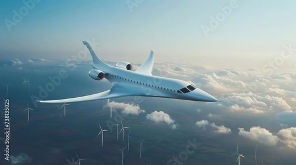 Fototapeta White airplane, sleek, high in blue sky, wind turbines underneath. The landscape under the airplane is green, with turbines for sustainability.