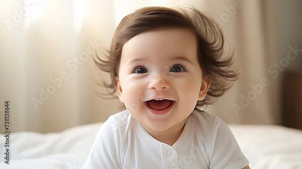 Obraz A close-up of a cheerful baby with a wide-open mouth, bright eyes full of wonder, set against a soft, pastel-colored nursery room.