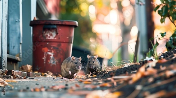 Fototapeta Urban area with rats pest problems in trash bins Generative AI Illustration