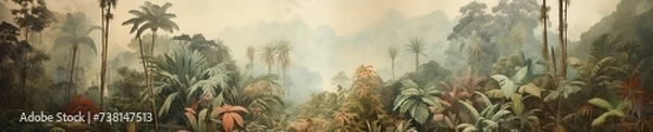 Fototapeta Jungle landscape. Retro wallpaper in watercolor style.