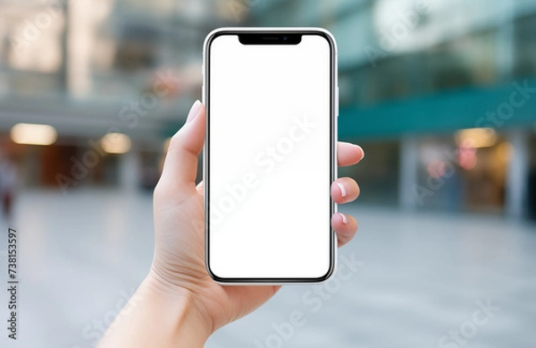 Fototapeta Photograph of a Hand Holding a Smartphone with a White Screen, Against a Street Background, Creating a Mockup Effect, Perfect for Technology Advertisements, Mobile App Promotions, Digital Marketing