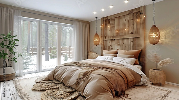 Fototapeta Welcoming bright bedroom with cozy surroundings and comfortable furniture for relaxing