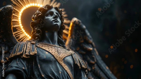 Fototapeta realistic statue of a Saint Michael in black glossy marble with refined details and golden halo