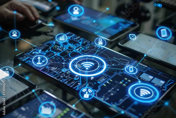 Fototapeta A bunch of cell phones are displayed with a circuit board on the screen