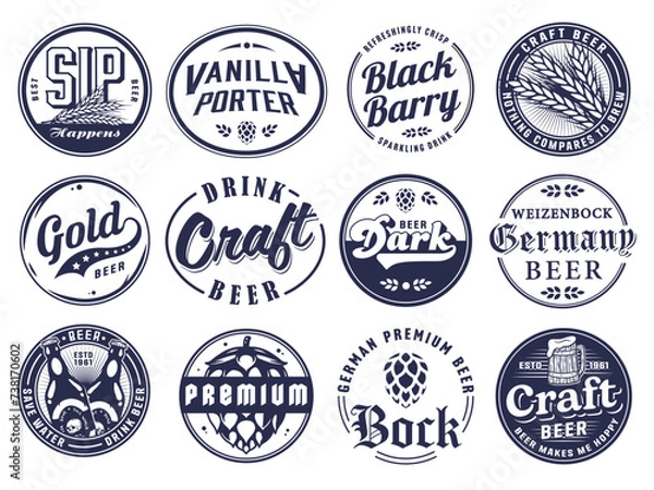 Fototapeta Beer Set of Retro Vintage Beer Badges and Labels for the Design of Brewed Beer in a Craft Brewery. Collection of Premium Quality Beer and Brewery Logos for Pubs and Bars