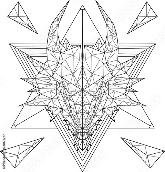 Obraz Dragon's Head Outline Vector Illustration. Dragon Coloring Sheet. Zentangle patterned art. Adult Coloring Sheet. Monster Face Illustration.