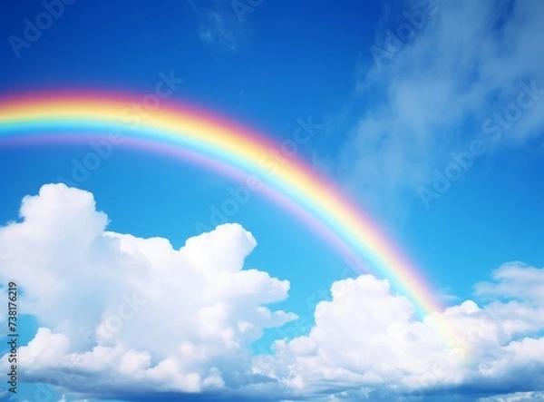 Fototapeta Rainbow in the blue sky with white clouds and rainbow.
