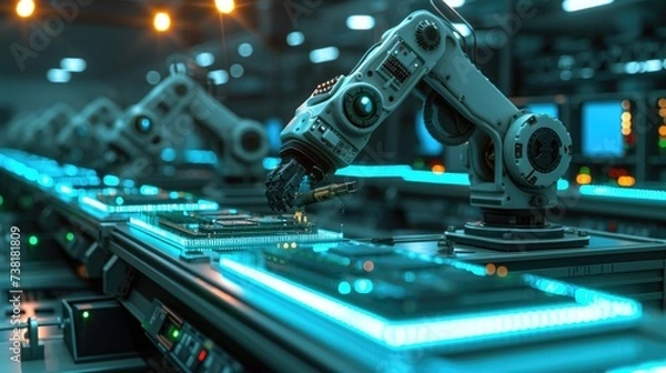 Fototapeta Robotic arms operating on a production line in a high-tech manufacturing facility, showcasing advanced automation and precision engineering.