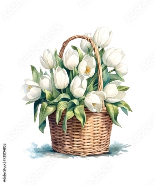 Fototapeta Watercolor illustration of a bouquet of white tulips in wicker basket isolated on white background.