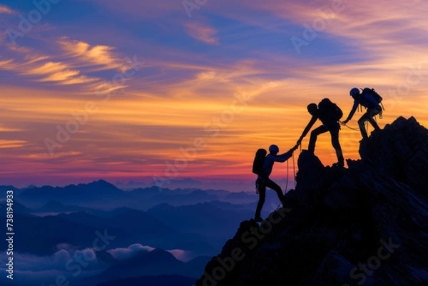 Fototapeta A group of hikers team with backpacks helping each other hike up a mountain. Adventurous lifestyle. Teamwork concept.