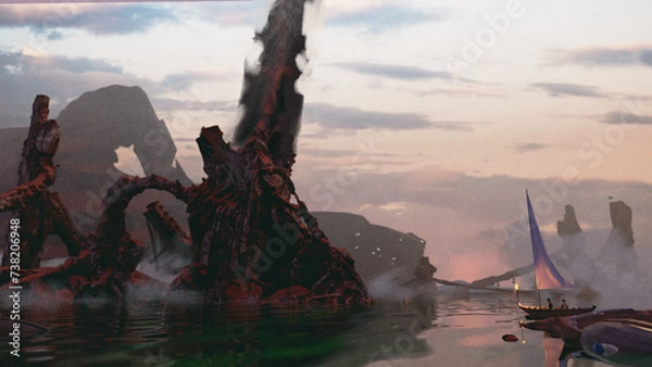 Fototapeta Digital 3d illustration of a small boat exploring a mysterious alien environment 