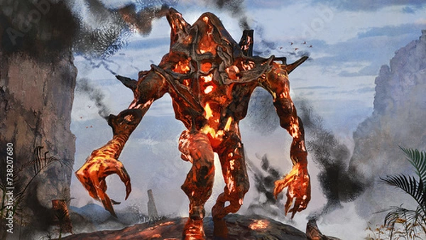 Fototapeta Digital 3d illustration of a lava golem creature animated by dark wizard magic in a tropical environment - fantasy painting