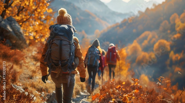 Obraz Misty Mountain Trail: Hikers in Autumn Splendor