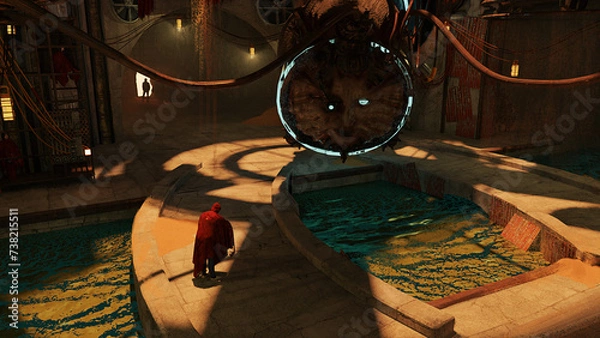 Fototapeta Digital 3d illustration of a cybernetic creature in a cinematic top-down view sci-fi scene - fantasy painting