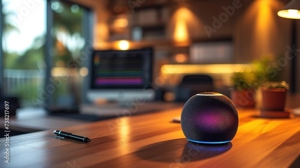 Fototapeta An intelligent smart speaker lit up with colorful lights on a wooden office desk, setting a productive and high-tech mood.