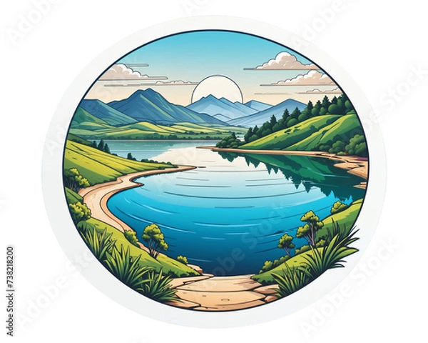 Fototapeta stylized calm river with footpath in a valley. Sticker illustration
