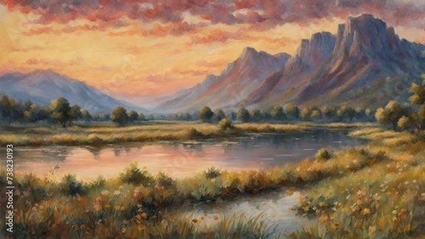 Fototapeta Watercolor landscape of a dusk over a river in summer with a mountain background.