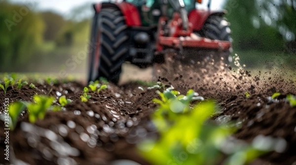Obraz sustainable farming in focus: tractor nurtures crops with precise fertilizer application