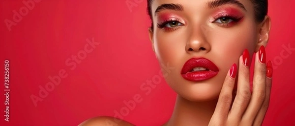 Obraz A portrait of a female model with makeup, red lips, and red fingernails, red background. Manicure, cosmetics, makeup concept.