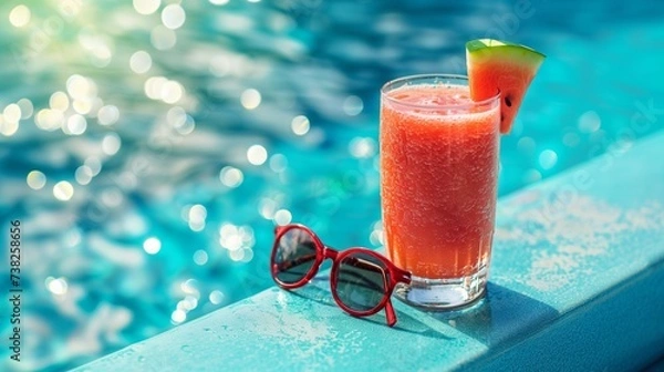 Fototapeta Refreshing Watermelon Juice Smoothie Next to a Swimming Pool on a Sunny Day