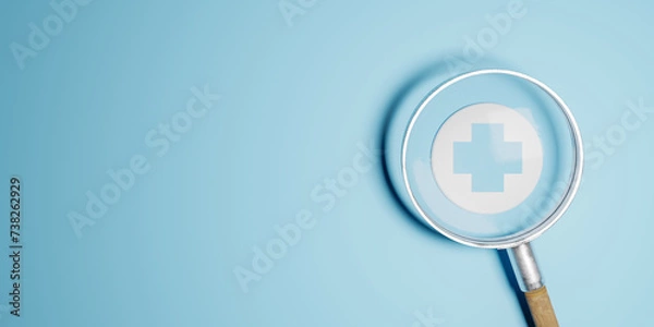 Fototapeta Health insurance and medical welfare concept. Plus symbol and healthcare medical icon in a magnifying glass health and access healthcare.
