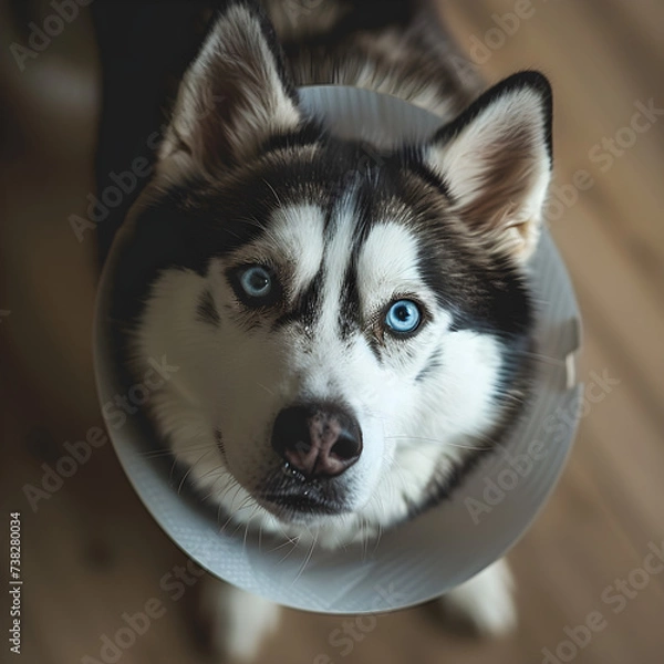 Fototapeta Siberian husky with cone of shame, Elizabethan collar
