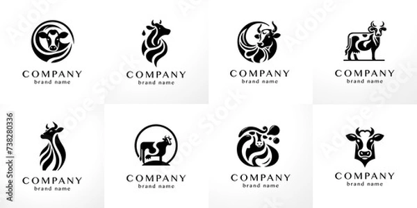 Fototapeta Stylish flat minimalistic logo design collection: modern graphic elements with abstract Cow shapes in black and white for agriculture and cattle farm dairy products (milk) in vector set