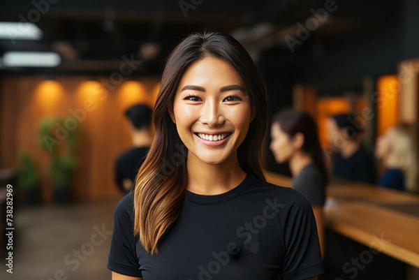 Obraz Smiling Girl wearing black T-Shirt Mockup on white studio background. Generative Ai