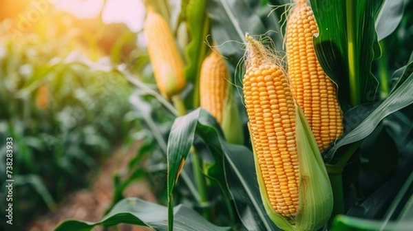 Fototapeta Ripe golden corn cobs in plantation field with copy spaceagriculture background.